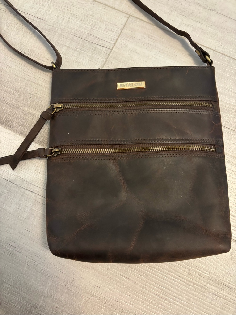 Estalon Brown Leather Crossbody Bag Multi Zip Adjustable Strap Purse
